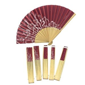 Weddingstar Burgundy Folding Fans – Set of 6 Handheld Paper Fans – Heart Design